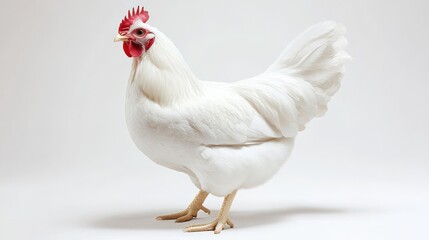 Fototapeta premium majestic white chicken with iridescent feathers posed elegantly against a pure white background, emphasizing its regal stature and detailed plumage illustration