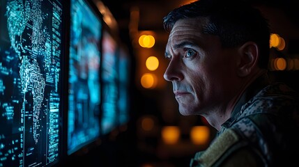 Fototapeta premium Officer reviewing global data on large screens at night