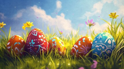 Easter celebration in a bright meadow with beautifully painted eggs illustration