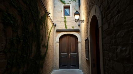 Fototapeta premium Dimly Lit Passage Leading to an Elegant Door