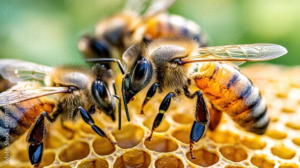 Aufkleber a bee collecting nectar from a honeycomb with another bee busy at work in a natural setting