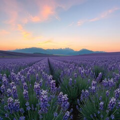 Naklejka premium Rolling lavender fields in full bloom under a pastel-hued summer sunset sky, with distant mountains on the horizon, high-resolution, Ai Generate.