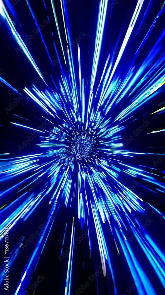 Poster dynamic video concept with a warp-speed effect. blue light streaks radiate from a central point, cre
