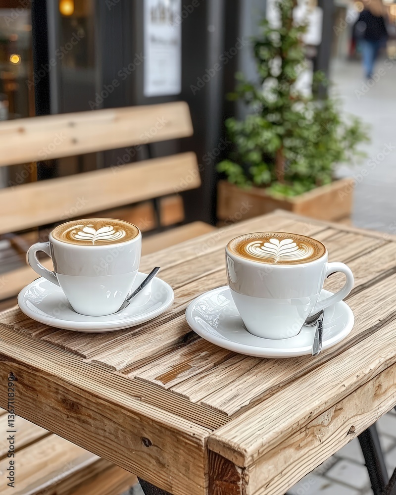 Poster pair of beautiful cups of coffee on a wooden table creating a charming table setting