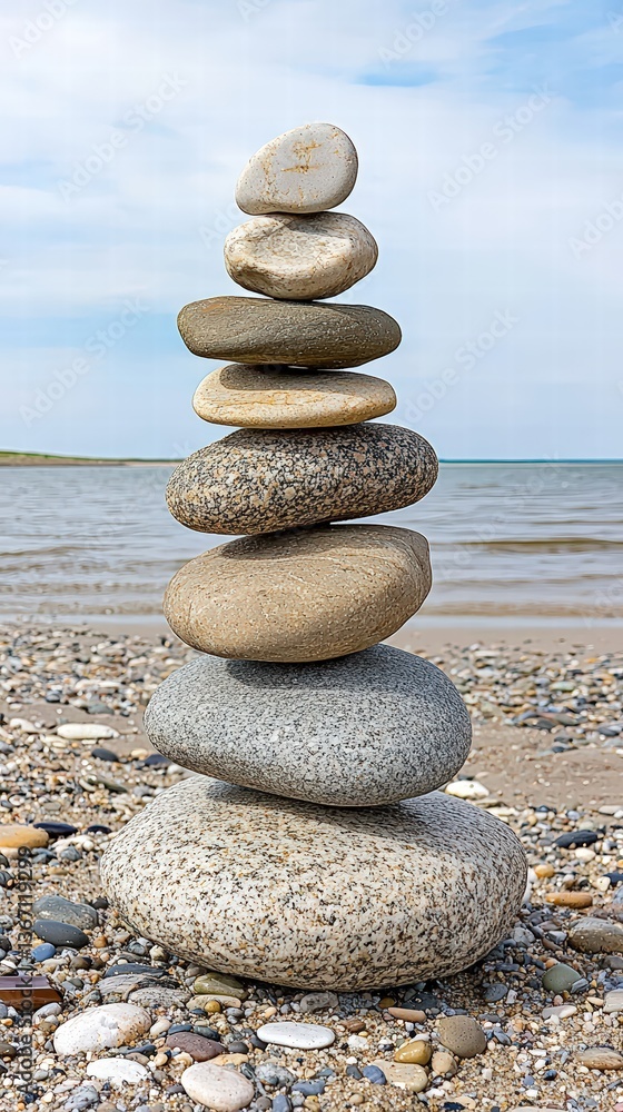 Poster stack of smooth rocks on a sandy beach with gentle waves lapping at the shoreline
