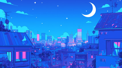Fototapeta premium 美しい青空に輝く満月とピンクの雲が広がるレトロポップ調都会の夜景・1980年代アニメ風ネオンカラーが幻想的な都市イラスト・ノスタルジックな未来都市背景素材・エモいシティライフの風景