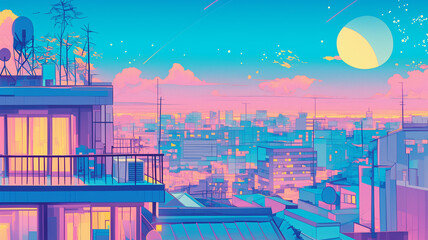 ネオンが美しく輝く1980年代風レトロポップな都会の満月夜景・青とピンクの色合いがノスタルジックで幻想的な都市イラスト背景素材・未来的なエモさ溢れる夜の街並み・美しい都市風景