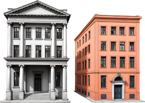 Architectural buildings, sketch style, transparent background.