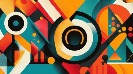 A modern wallpaper design featuring vibrant geometric patterns with circles, triangles, and bold colors creating a dynamic abstract composition illustration
