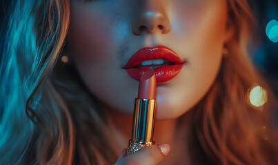 Fototapeta premium Woman Applying Red Lipstick Close Up with Gold Tube and Glitter