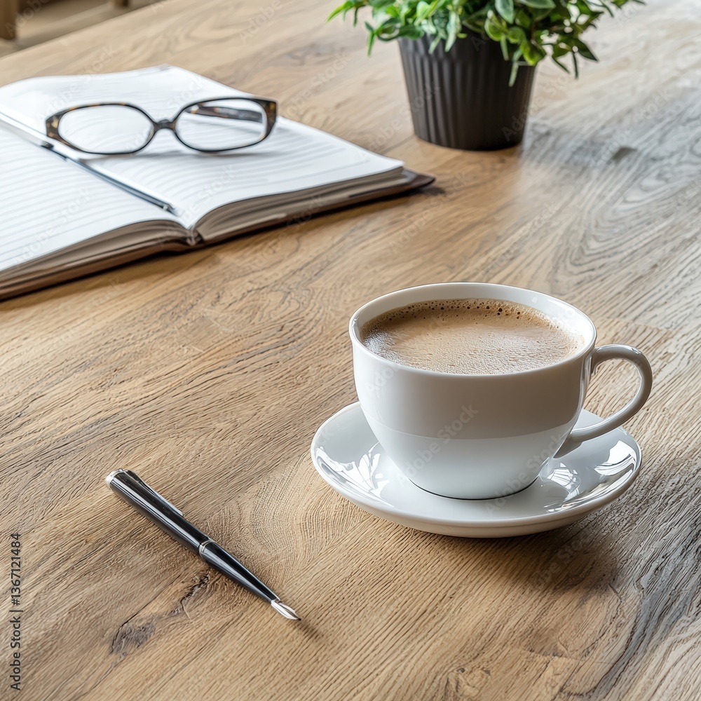 Poster cozy setting featuring a cup of coffee and a pen resting on a notepad ready for note-taking