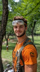 Obraz premium Happy arborist in park with tree care.