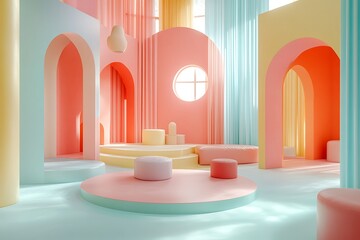 Bright, pastel-colored backdrop with playful, floating product designs, creating a cheerful, whimsical scene