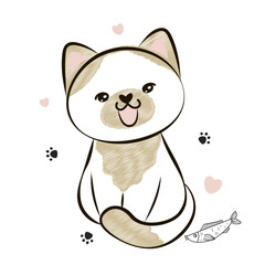 Cartoon happy kitten sitting. Hand drawn cat isolated on white background.