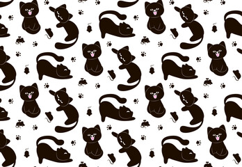 Seamless pattern of black cats in different poses. Cartoon cats hand drawn seamless pattern. Animal seamless background, cute vector texture for bedding, fabric, wallpaper, wrapping paper, textile, t-