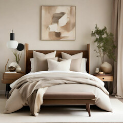 Cozy and elegant bedroom with layered bedding, natural materials, and abstract artwork for sophistication