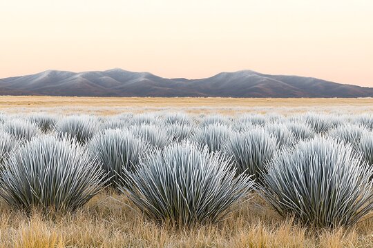 Silversword Plants Blooming in the Early Morning Light with Mountains in the Distance