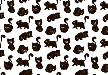 Seamless pattern of black cats in funny poses. Cartoon cats hand drawn seamless pattern. Animal seamless background, cute vector texture for bedding, fabric, wallpaper, wrapping paper, textile, t-shir