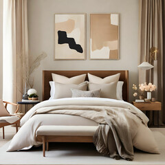 Cozy and elegant bedroom with layered bedding, natural materials, and abstract artwork for sophistication