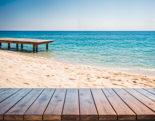 Obraz premium Empty wood table over blurred blue sea and beach background in sunny summer day. 