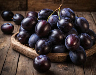 Pile of Fresh Plums in Rustic Wooden Basket