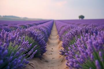 Obraz premium A narrow dirt path winding through a lavender field, flanked by rows of purple blossoms swaying in the breeze. 