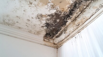 White ceiling with dark mold stains and peeling paint in the corner. Use for illustrating poor building maintenance or water damage issues.