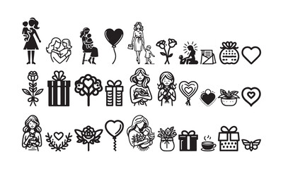  Set of Mothers day silhouette line art icon elements vector art design