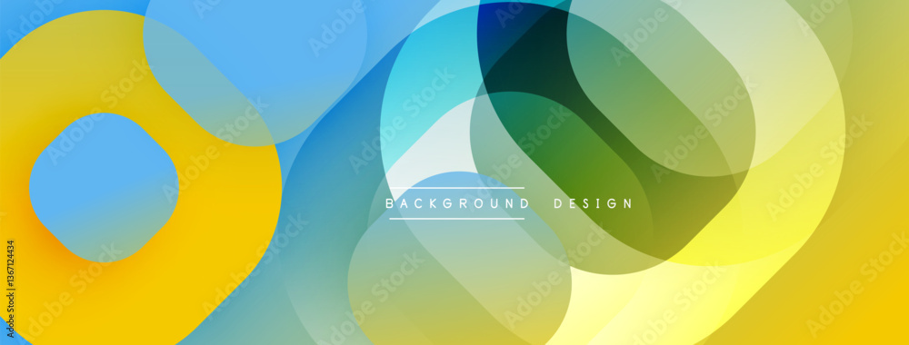 Poster Circular abstract design with overlapping translucent circles and round shapes, blending gradients and smooth curves, creating depth, contrast, and a dynamic visual effect