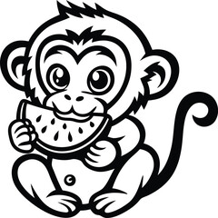 A cute monkey eating a watermelon isolated vector illustration, A cute monkey eating a watermelon silhouette and line art vector
