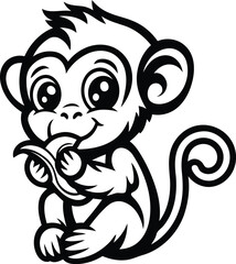 A cute monkey eating a banana isolated vector illustration, A cute monkey eating a banana silhouette and line art vector