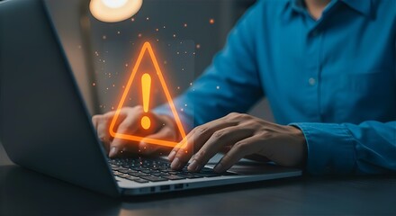 Cybersecurity Threat Alert: Man Typing on Laptop with Warning Sign Overlay - Online Security Risk, Data Breach Prevention, Digital Safety