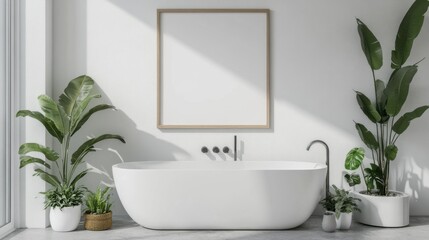 Fototapeta premium White bathroom interior with bathtub, plants, and blank frame, showing a clean and modern design in home decor. illustration