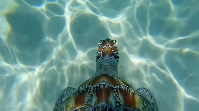 A turtle glides effortlessly beneath the surface of crystal-clear water, showcasing its intricate shell patterns in a tranquil tropical environment. Sunlight sparkles above, illuminating the scene