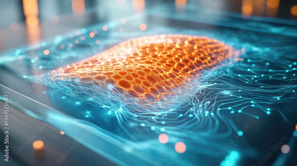 Poster a 3d visual representation of collagen skin cells being repaired, with high-tech holographic data di