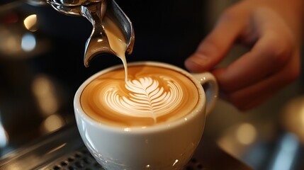 A barista crafts beautiful latte art with creamy steamed milk, capturing the lively ambiance of a bustling cafe on a busy afternoon
