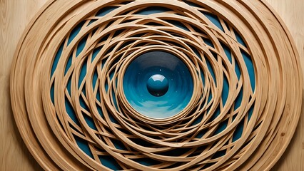 Wooden Rings Sculpture with Starry Sky and Sphere Creating Depth Illusion