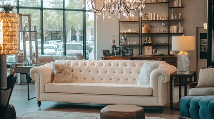 Elegant living room showcasing a stylish cream-colored tufted sofa, surrounded by contemporary decor, large windows letting in natural light, and a cozy atmosphere perfect for relaxation