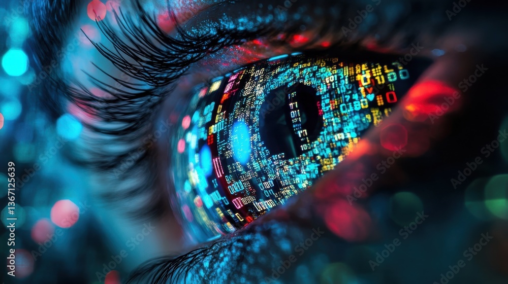 Poster the image depicts a close-up of a digitally enhanced eye with binary code reflecting off the surface