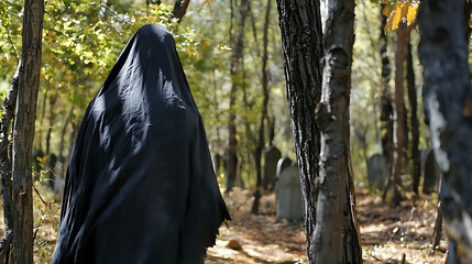 Naklejka premium A person wearing a black cloak walks through a forest. AI Generated