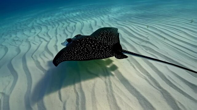 A stingray moves smoothly across the sandy ocean bed, showcasing its distinct spotted pattern. The sunlight illuminates the vibrant underwater scene in a tranquil setting