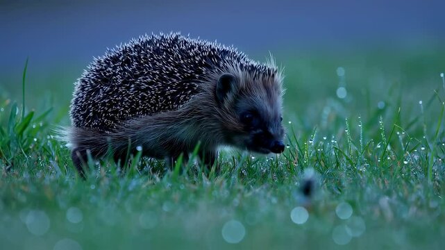 A small hedgehog forages in a grassy area covered with dew. The twilight sky casts a soft glow, enhancing the tranquil atmosphere of a cool evening