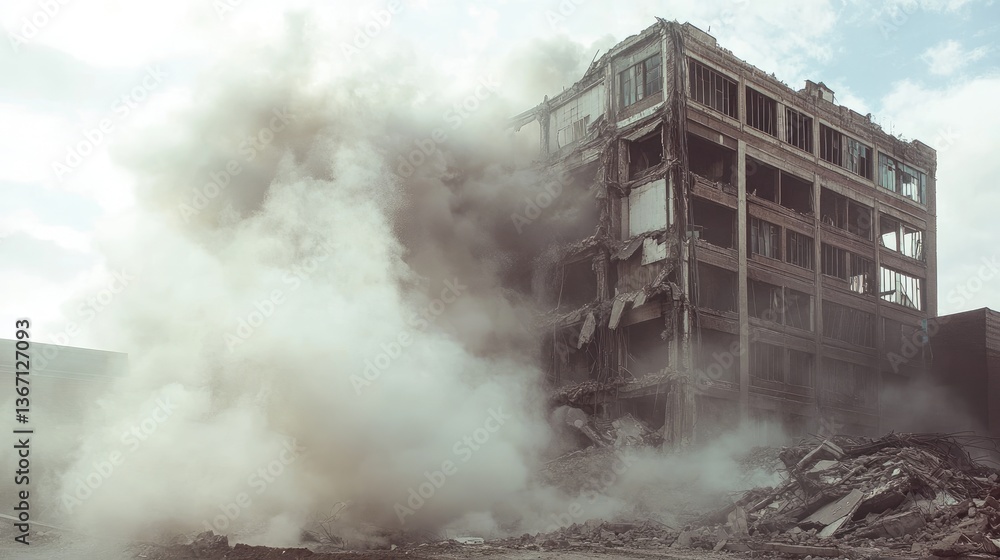 Poster a building collapses in a controlled demolition, dust rising into the air and revealing the remnants