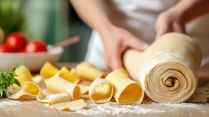 Pasta powder rolling process. Homemade pasta being rolled out with fresh ingredients in the...