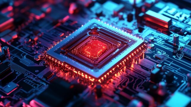 A quantum computer processor glowing inside a futuristic lab, superconducting circuits, advanced cooling system visible