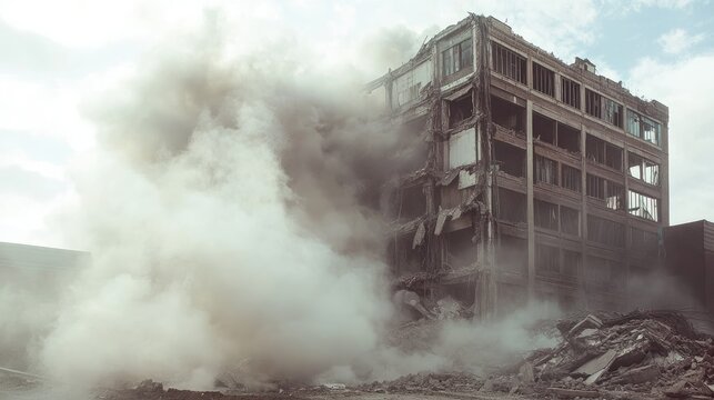 A building collapses in a controlled demolition, dust rising into the air and revealing the remnants of its neglected, decaying structure
