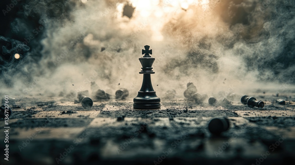 Poster a chaotic chessboard with fallen pieces surrounded by dust and debris, highlighting a lone pawn stan