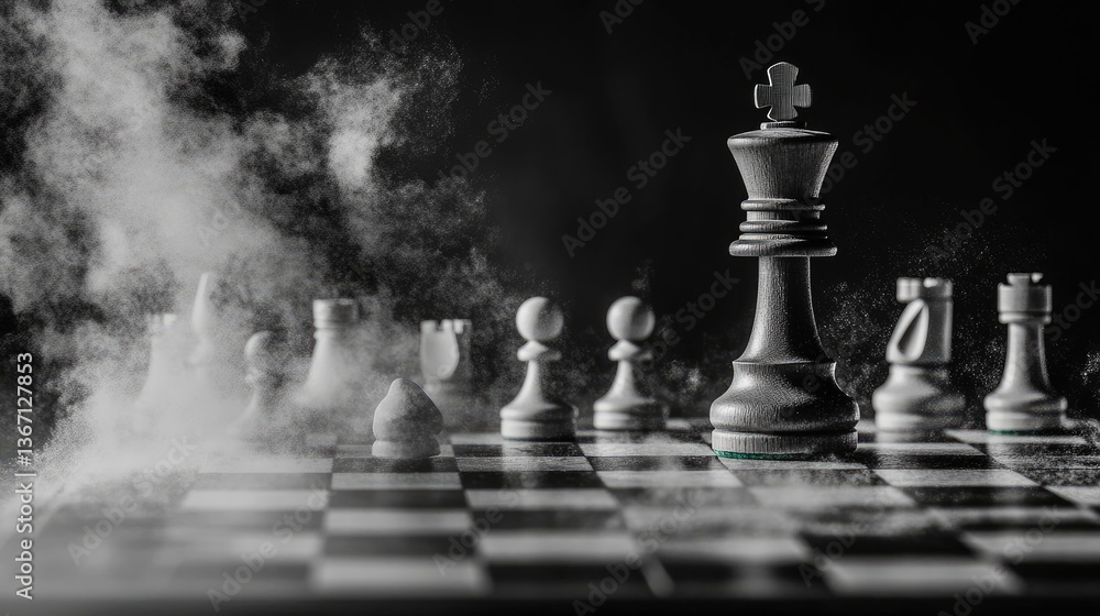 Aufkleber a chessboard in disarray, with pieces scattered across the board and a cloud of dust surrounding the