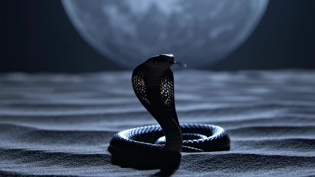 A cobra gracefully rises from the sandy ground beneath a glowing full moon, highlighting its scales and elegance during the quiet desert night. The atmosphere feels both serene and captivating