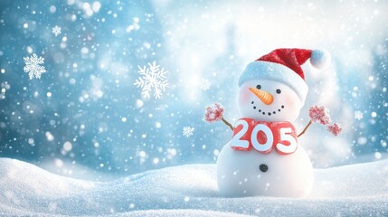 Fototapeta premium Snowman holding festive numbers 2025 stands in a winter wonderland with falling snowflakes illustration